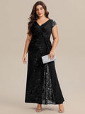 Plus Size Knotted Knit Cap Sleeve Maxi Glitter Evening Dress
