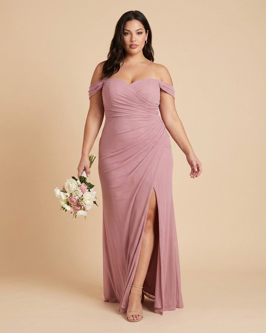 Elanthia Plus Size Romantic Sheath Bridesmaid Dress with Off Shoulder for Wedding -N0347