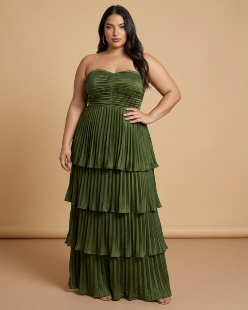 Chantarae Luxury Satin Strapless A-Line Plus Size Bridesmaid Dress with Ruffle -N0377