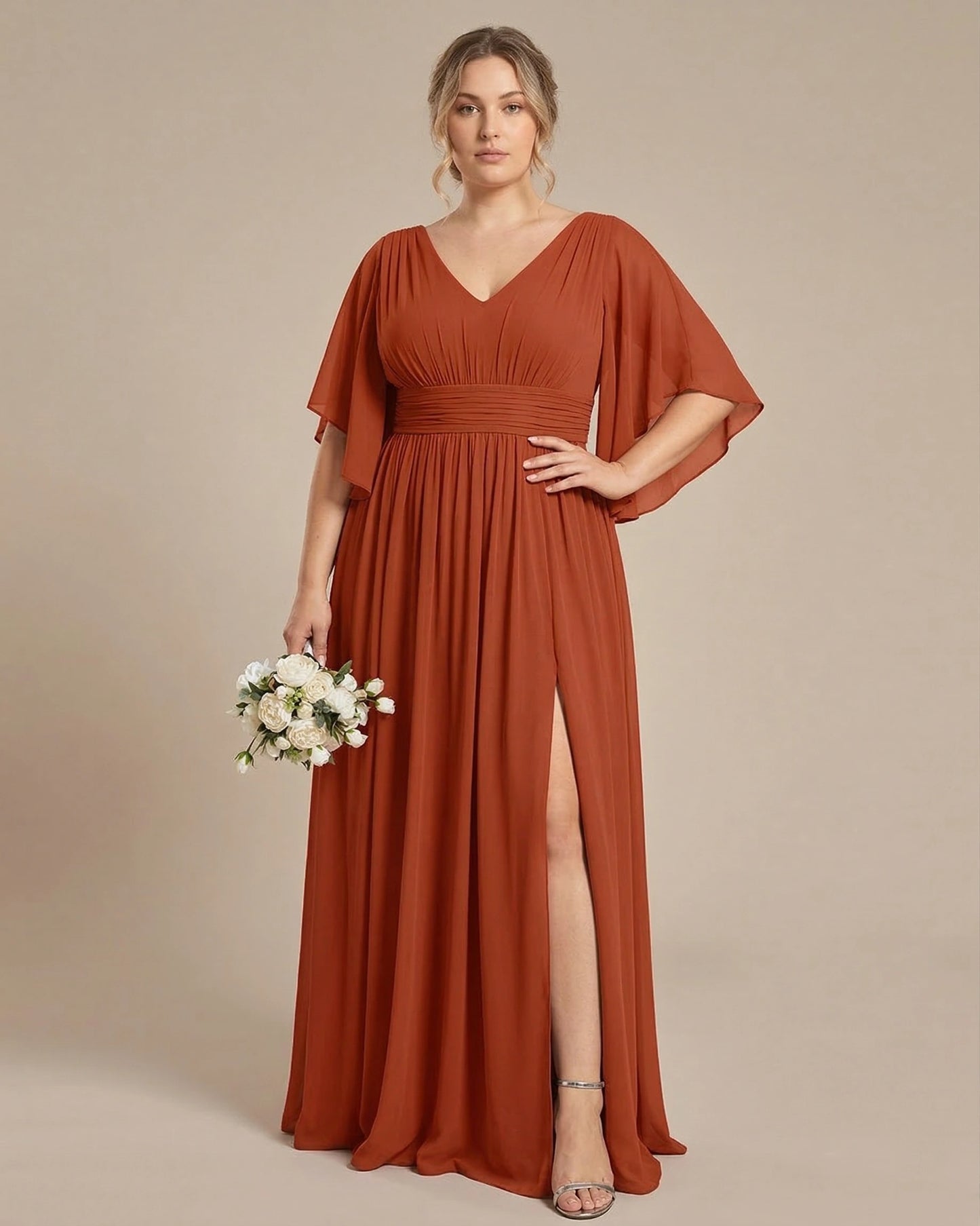 Petaline Romantic Plus Size A-Line Bridesmaid Dress with V-Neck Pleated Chiffon - for Weddings N0301
