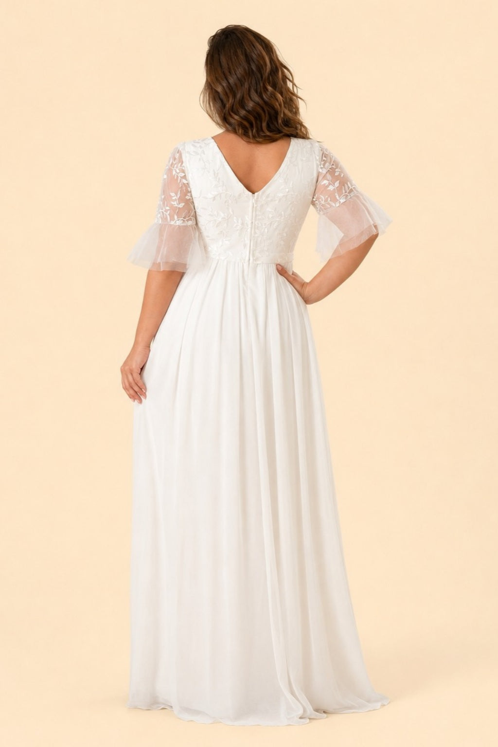 Plus Size Chiffon A-Line Bride Wedding Dress with Embroidered Detail