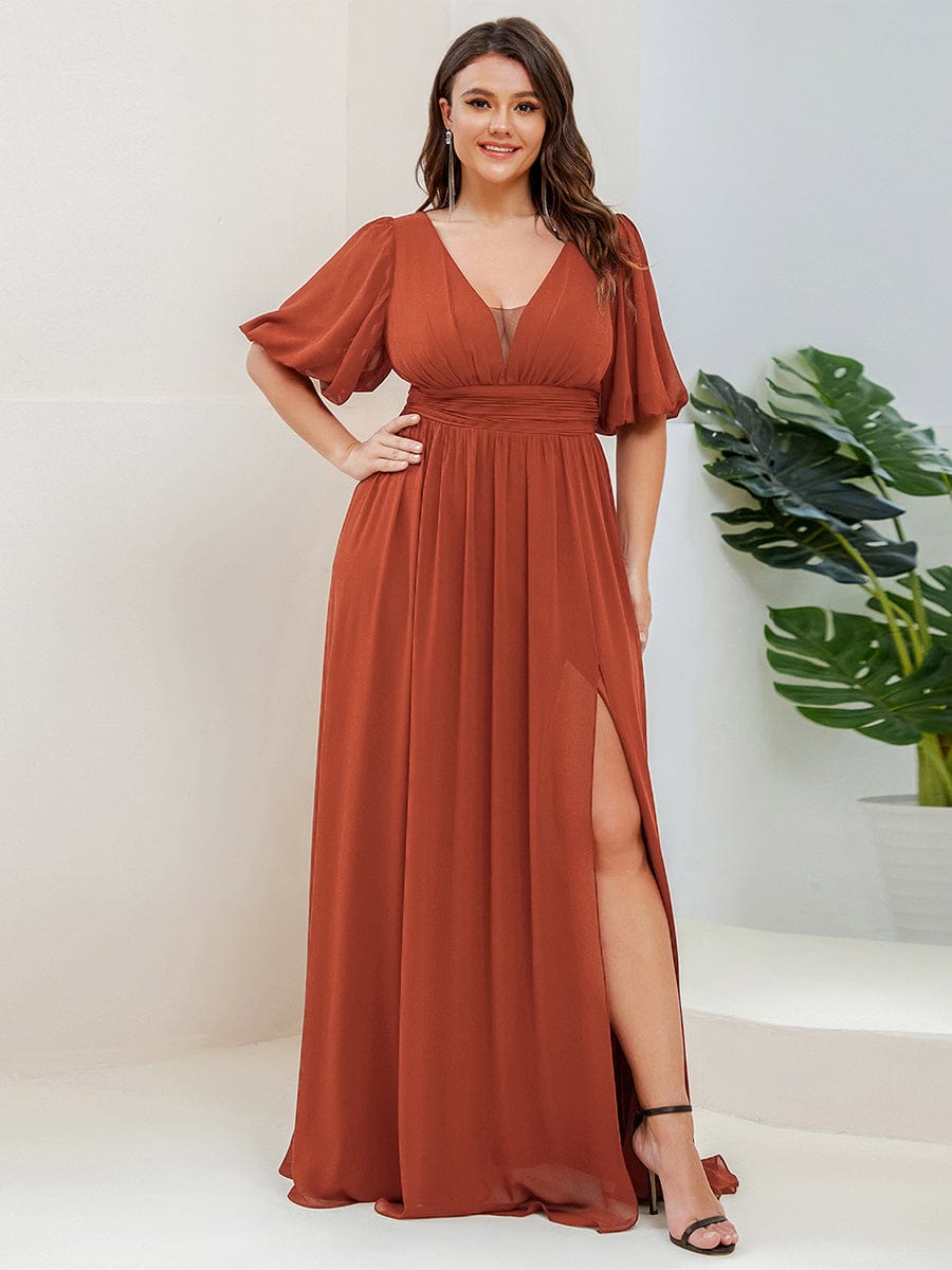 Plus Size V-Neck Front Slit Chiffon Evening Dress