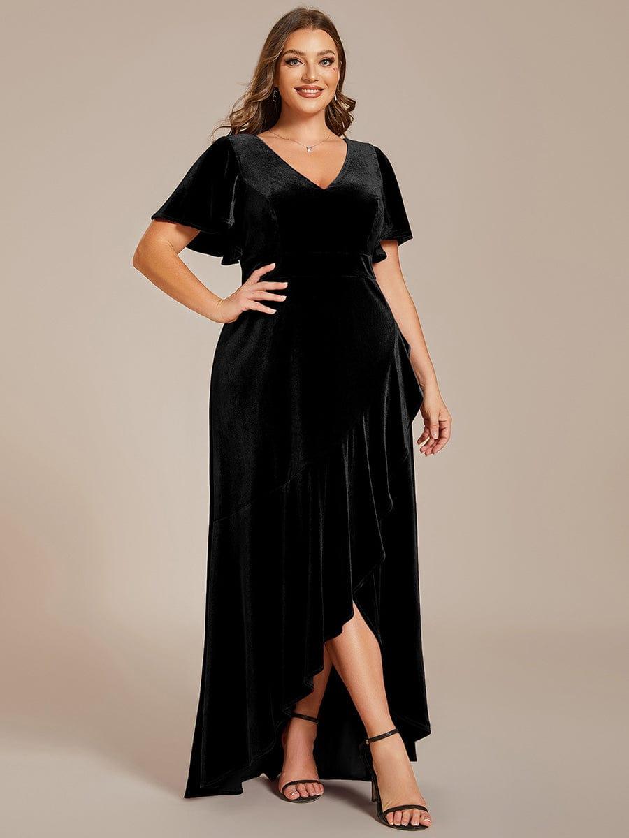 Plus Size Lotus Leaf Hem A-Line V-Neck Ruffles Sleeve Velvet Evening Dress