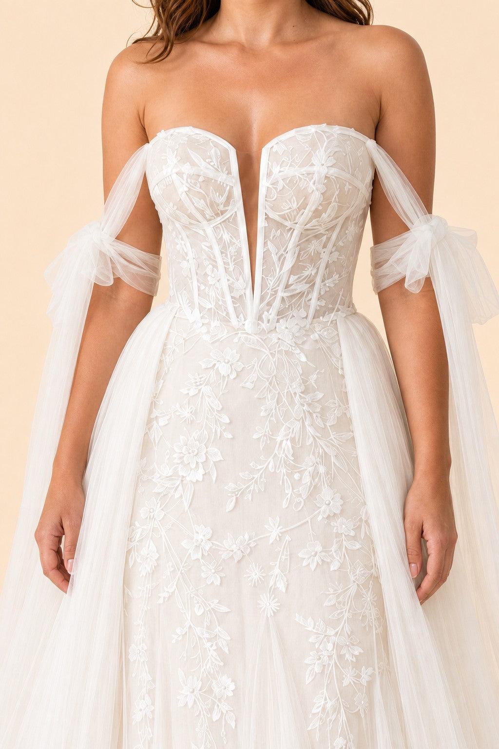 Plus Size Bridal Gown Off Shoulder with Removable Skirt Romantic Bow Detail