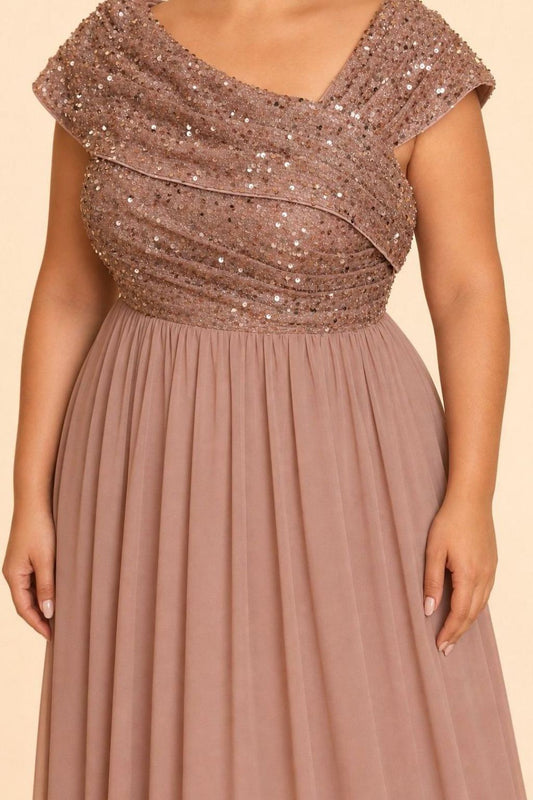 Asymmetrical Neck Evening Gown with Sequin Accent for Bridesmaids and Formal Events
