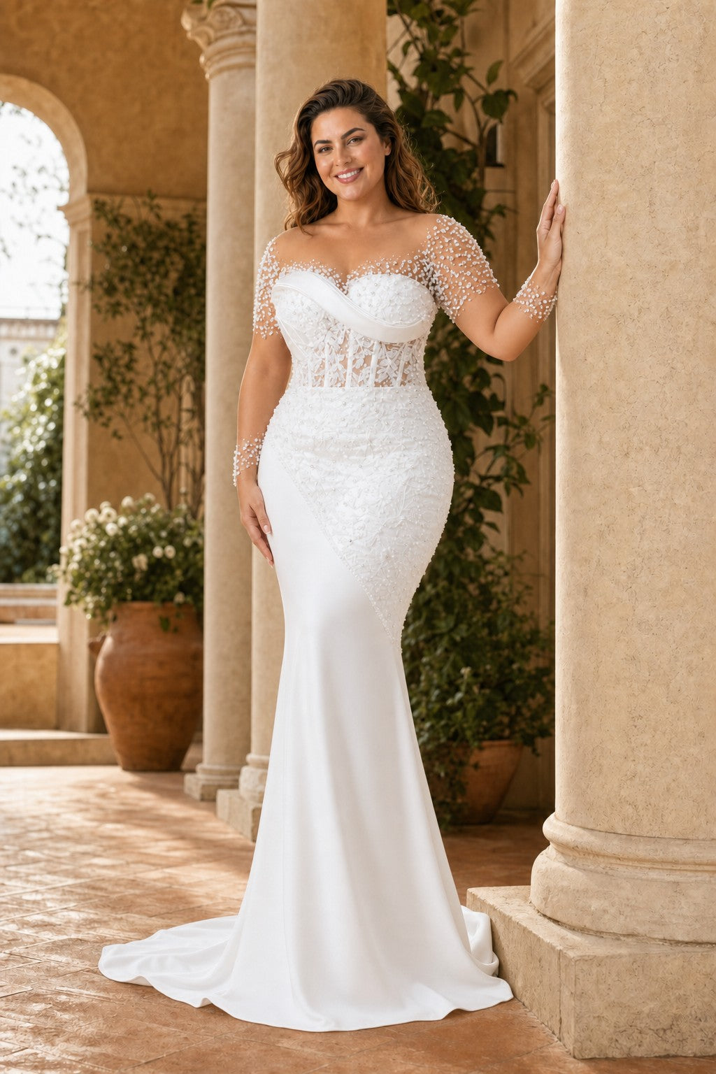 Plus Size Lace Wedding Dress with Detachable Train and Hand-Placed Beaded Bodice