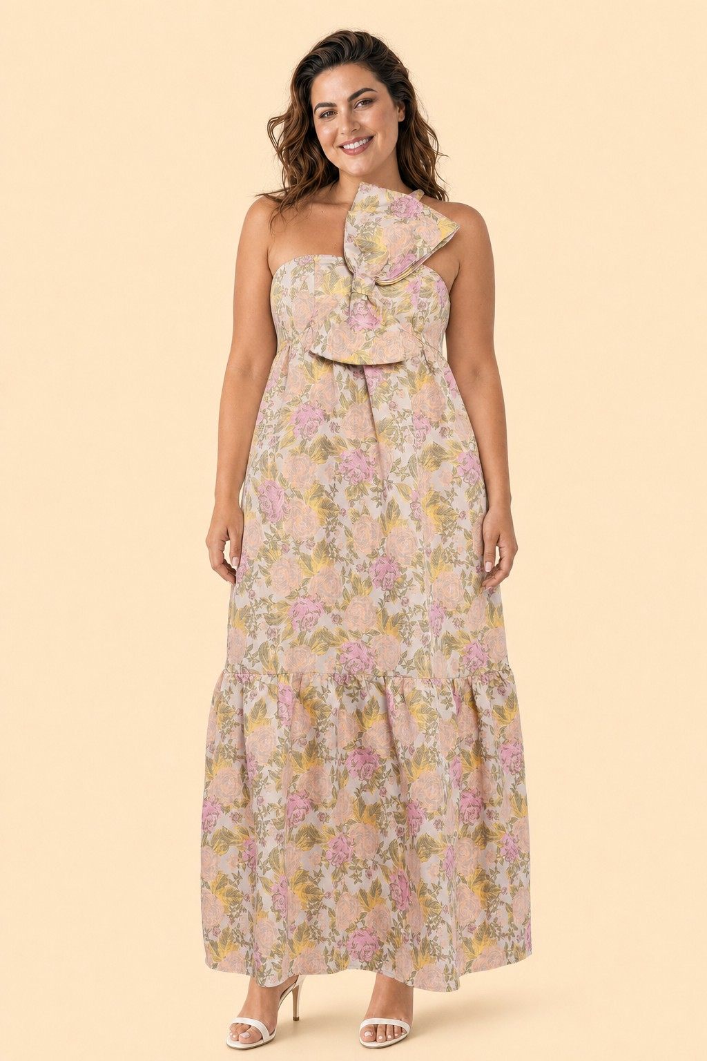 Plus Size Floral Jacquard A-Line Bridesmaid Dress with Bow Front and Pockets