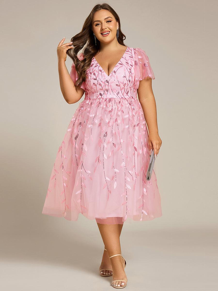 Plus Size Sparkly A-Line Midi Tulle Formal Wedding Guest Dress with Leaf Sequin
