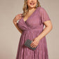 Plus Size Short Sleeve Ruffled V-Neck A-Line Lace Wedding Guest Dress
