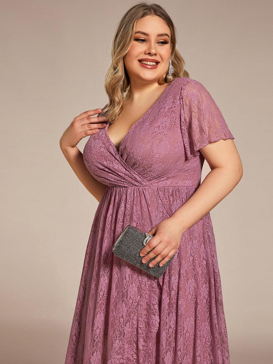 Plus Size Short Sleeve Ruffled V-Neck A-Line Lace Wedding Guest Dress