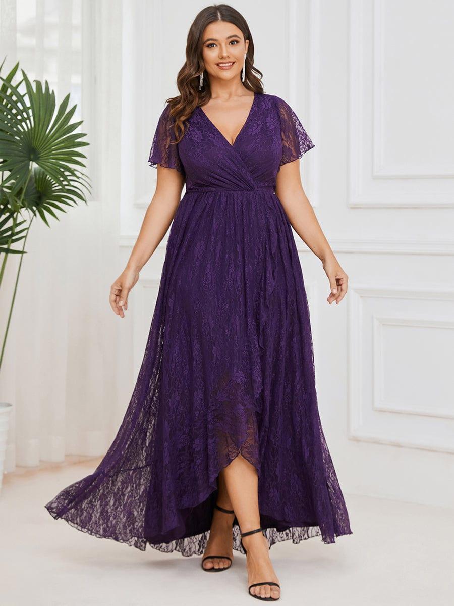 Plus Size Short Sleeve Ruffled V-Neck A-Line Lace Wedding Guest Dress