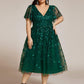 Plus Size Sparkly A-Line Midi Tulle Formal Wedding Guest Dress with Leaf Sequin