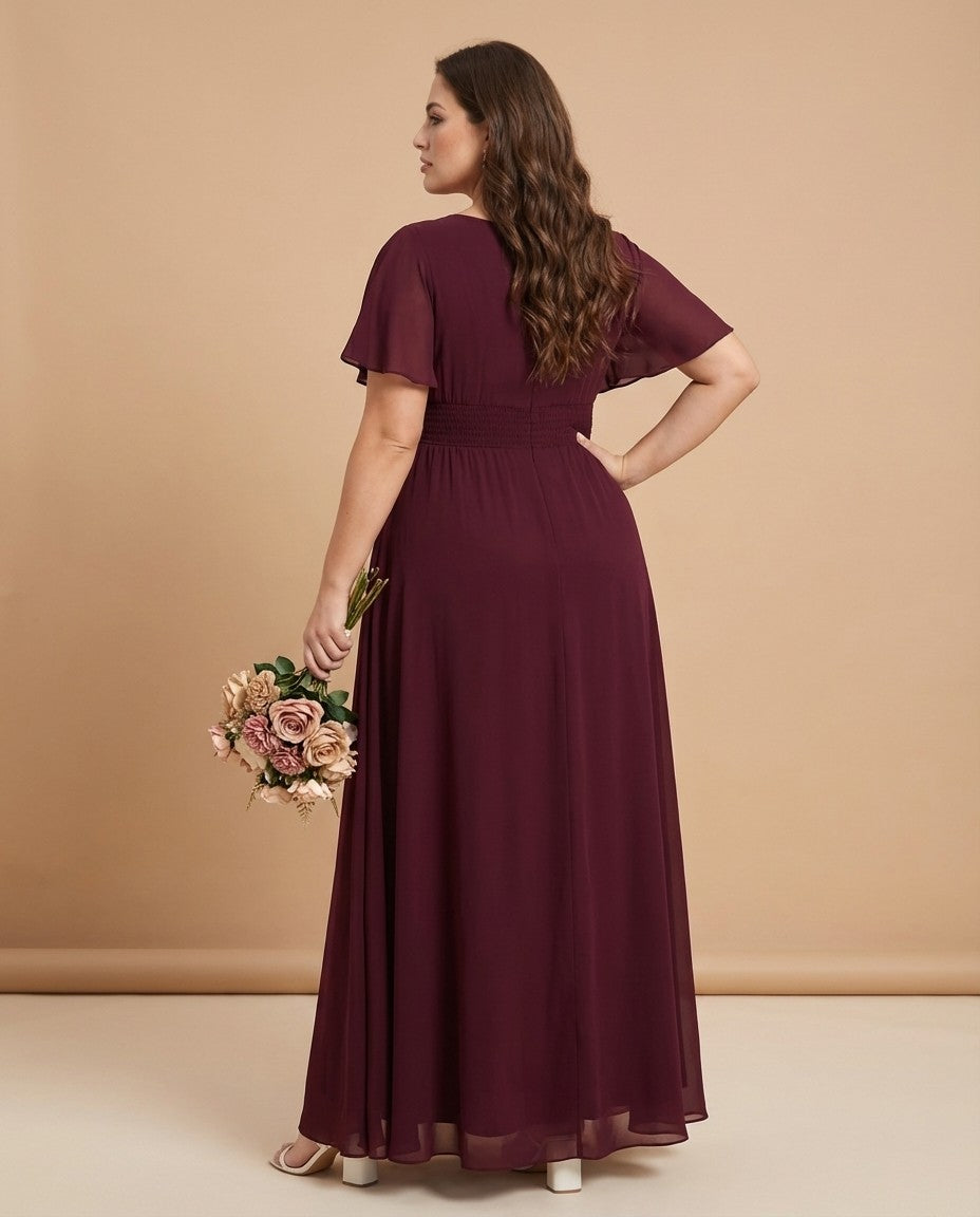 Petaline Plus Size Short Sleeve Chiffon Bridesmaid Dress N0322