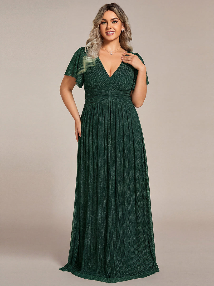 Plus Size V-Neck Glittery Short Sleeves Formal Evening Dress with Empire Waist