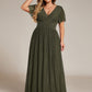 Plus Size V-Neck Glittery Short Sleeves Formal Evening Dress with Empire Waist