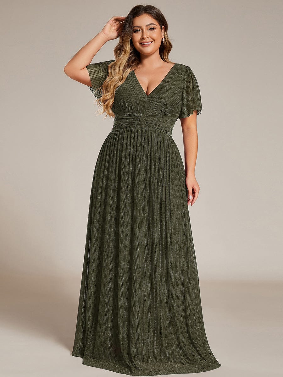 Plus Size V-Neck Glittery Short Sleeves Formal Evening Dress with Empire Waist