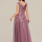 Plus Size V-Neck Sequin High Stretch Cap Sleeve Tulle Formal Dress