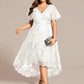 Plus Size Short Sleeves Embroidered Mesh A-Line V-Neck Midi Wedding Guest Dress