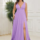 Plus Size Sleeveless V-Neck Empire Waist High Slit Floor-Length Evening Dress