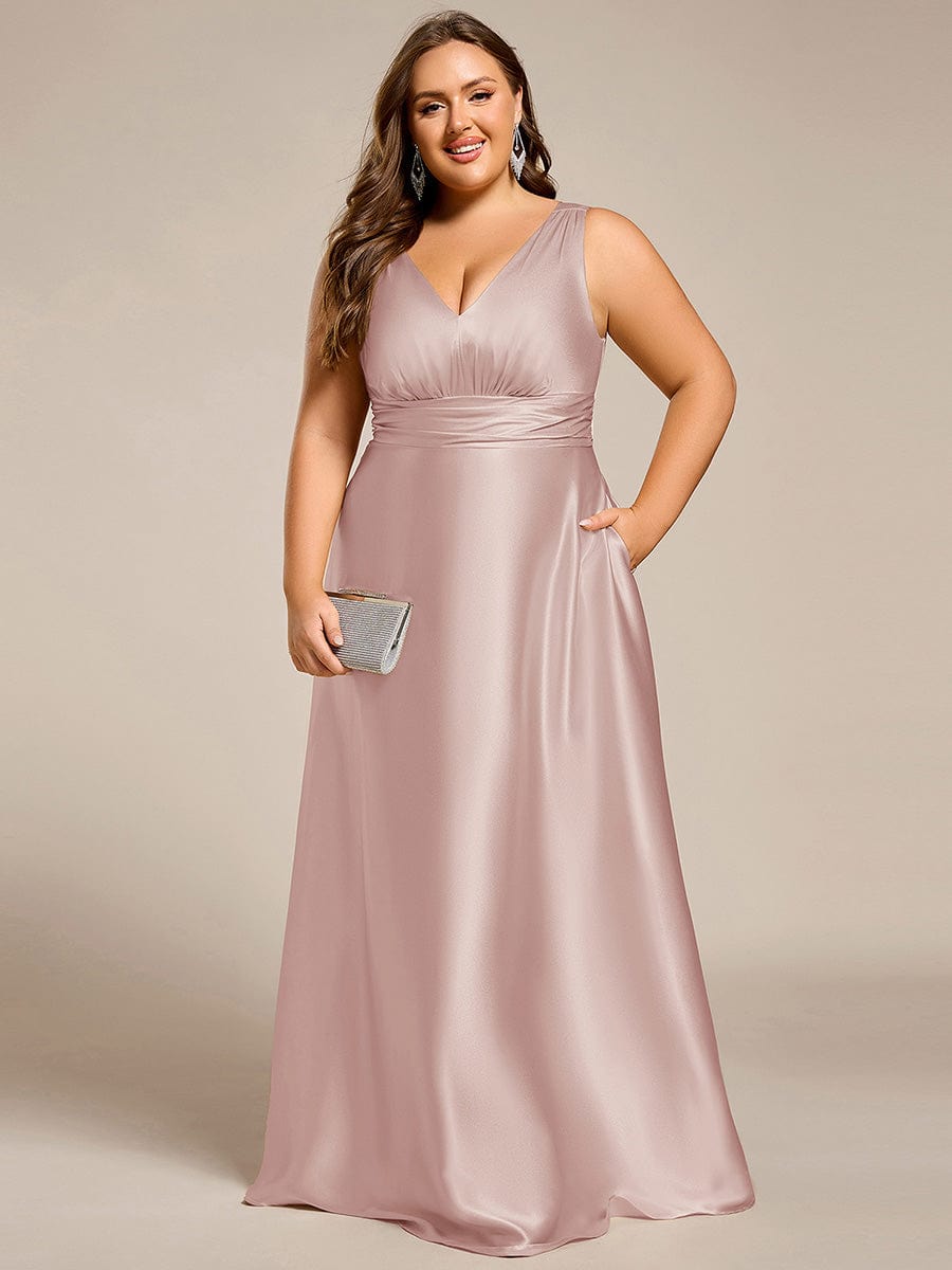 Plus Size Satin Empire Waist Maxi Bridesmaid Dress with Pockets