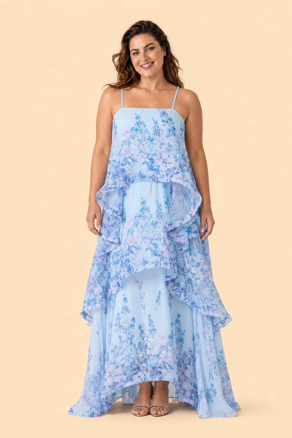 Romantic Floral A-Line Bridesmaid Dress with Flowing Tiered Skirt