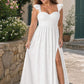 Plus Size A-Line Bridesmaid Dress with Floral Burnout Fabric Ruched Bodice and Slit Detail