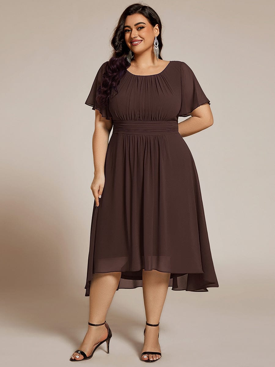 Plus Size Pleated Round Neckline A-Line Midi Chiffon Wedding Guest Dress