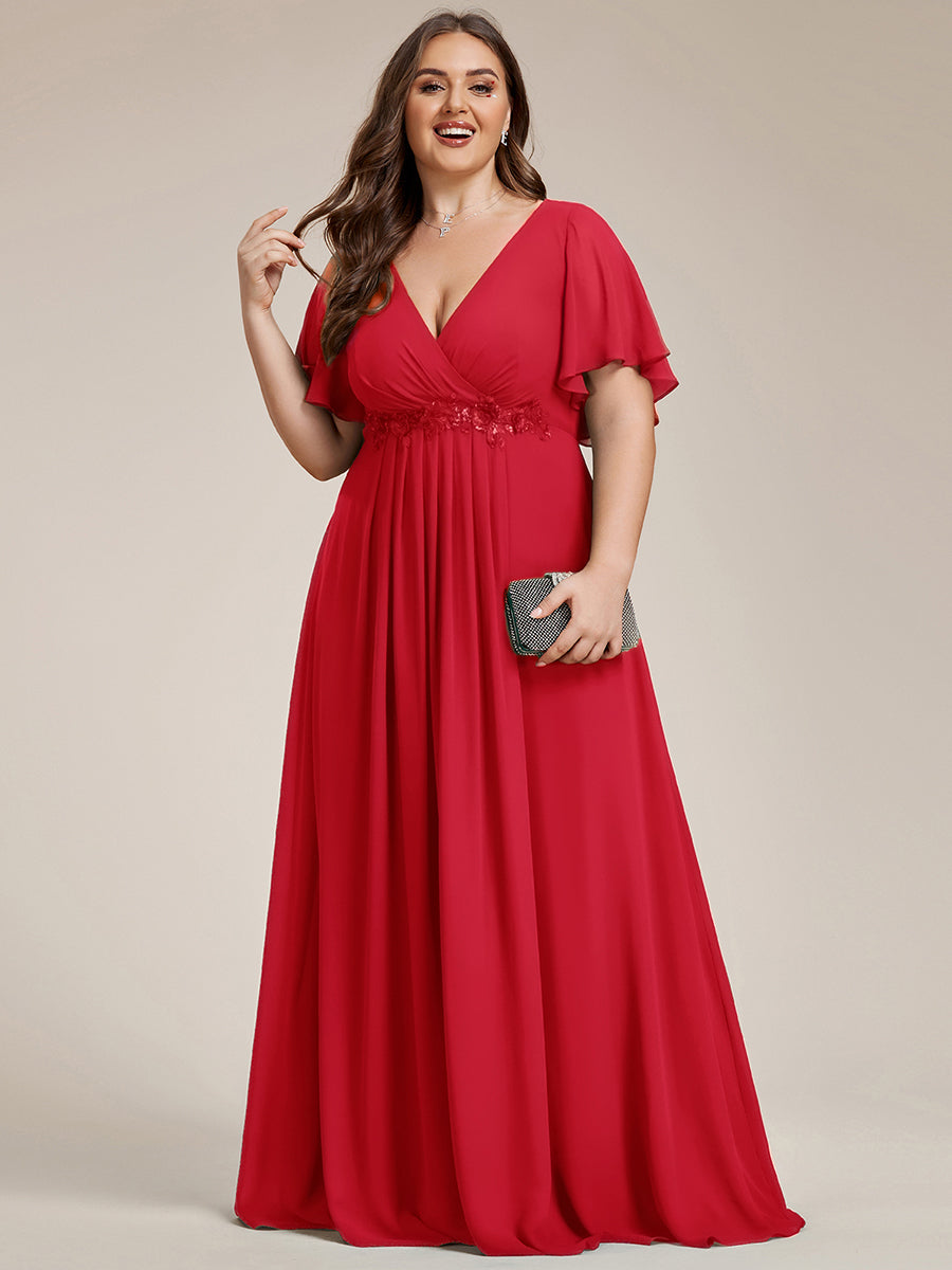 Plus Size Floral Applique Short Sleeve A-Line Chiffon Formal Evening Dress