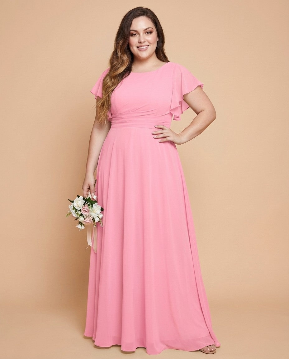 Avenleigh Plus Size Half Sleeve Pleated Chiffon A-Line Bridesmaid Dress for Wedding Party - N0338