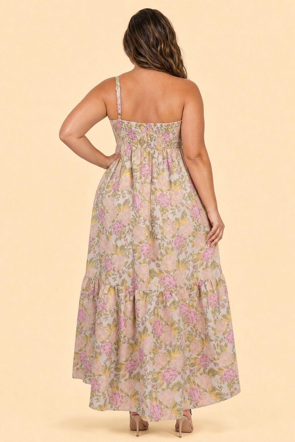 Plus Size Floral Jacquard A-Line Bridesmaid Dress with Bow Front and Pockets
