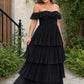 Elegant A Line Maxi Bridesmaid Dress Pleated Tiered Off Shoulder Design
