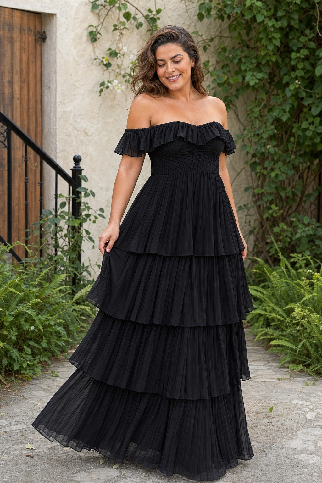 Elegant A Line Maxi Bridesmaid Dress Pleated Tiered Off Shoulder Design