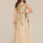 Plus Size V-Neck Sequin High Stretch Cap Sleeve Tulle Formal Dress