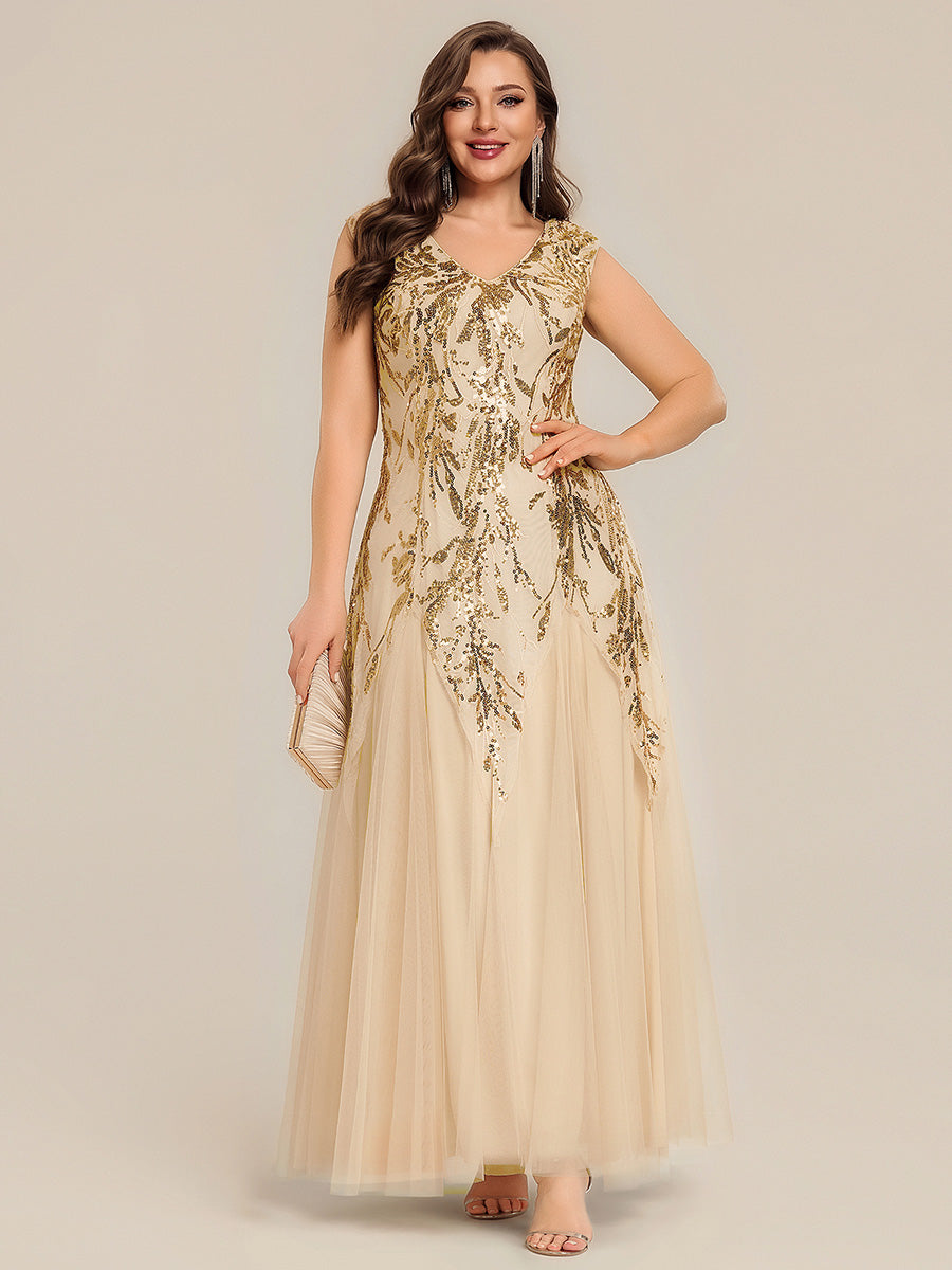 Plus Size V-Neck Sequin High Stretch Cap Sleeve Tulle Formal Dress