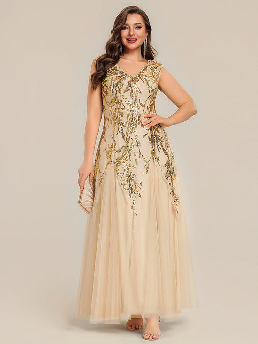 Plus Size V-Neck Sequin High Stretch Cap Sleeve Tulle Formal Dress