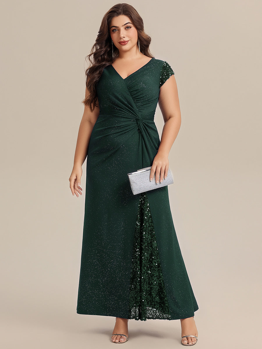 Plus Size Knotted Knit Cap Sleeve Maxi Glitter Evening Dress