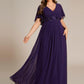 Plus Size Floral Applique Short Sleeve A-Line Chiffon Formal Evening Dress