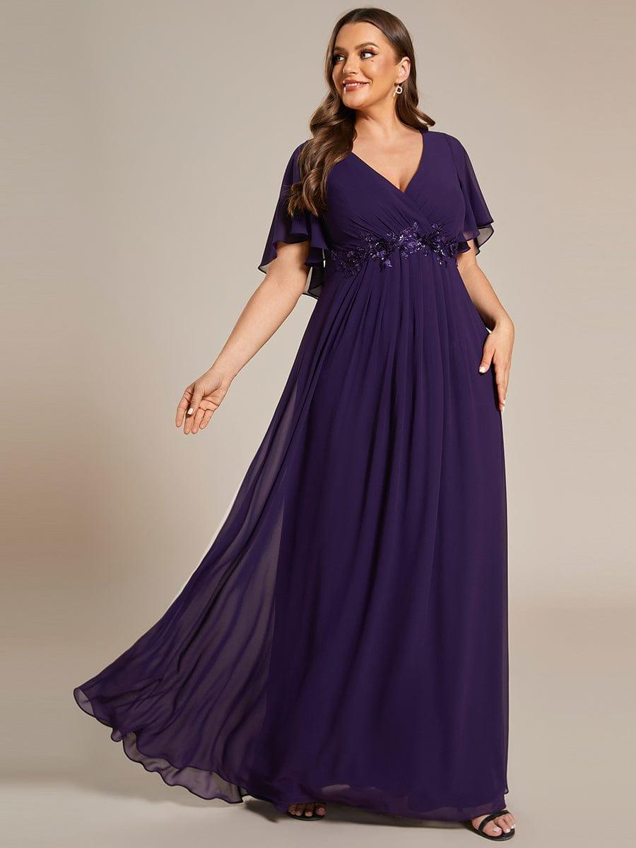 Plus Size Floral Applique Short Sleeve A-Line Chiffon Formal Evening Dress