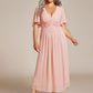 Plus Size Elegant Short Sleeves V-Neck Floral Applique Wedding Guest Dress