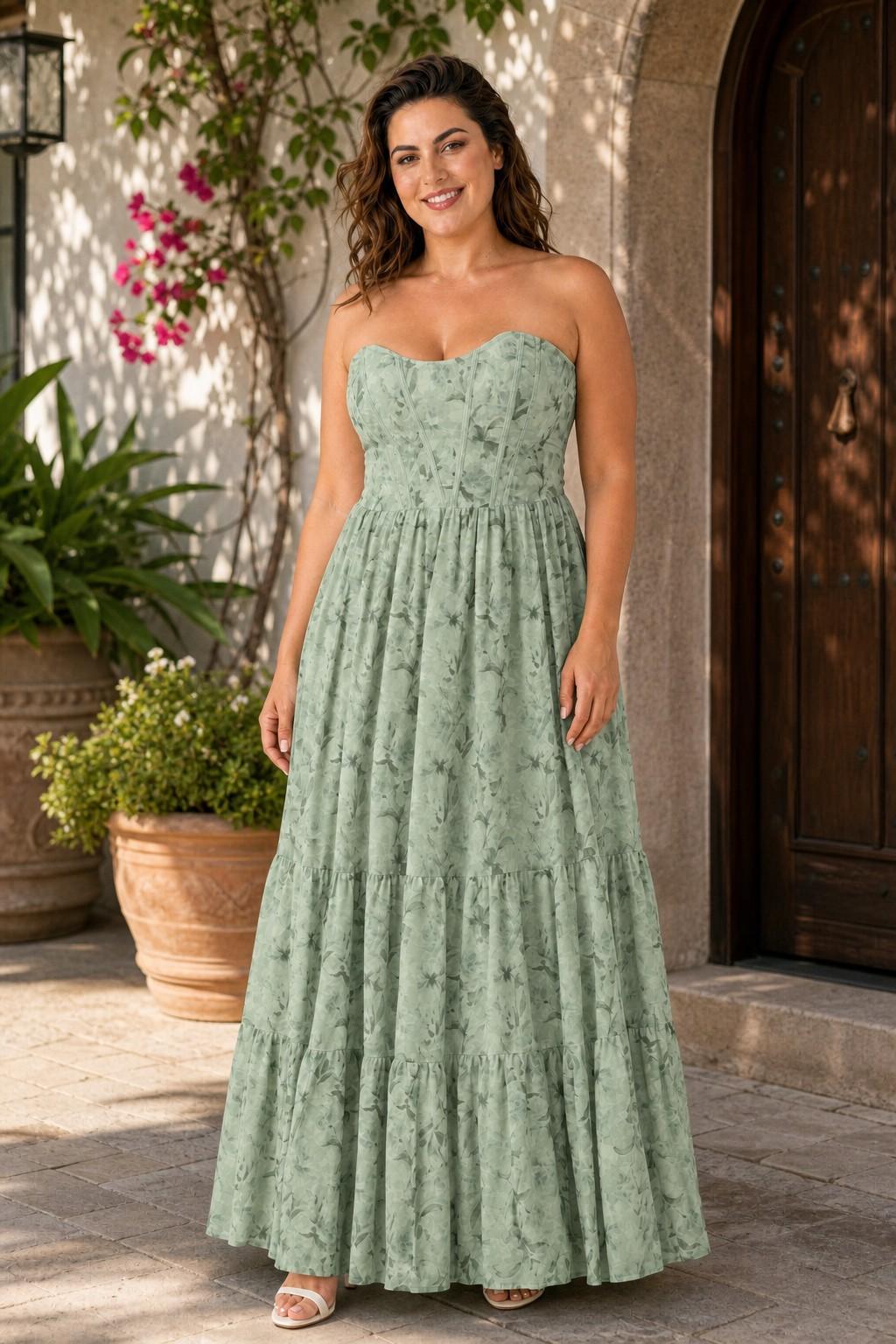 Romantic Floral Print Strapless Bridesmaid Dress with Open Back Detail