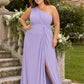Floor-Length Chiffon Evening Gown with Single Shoulder and Side Slit