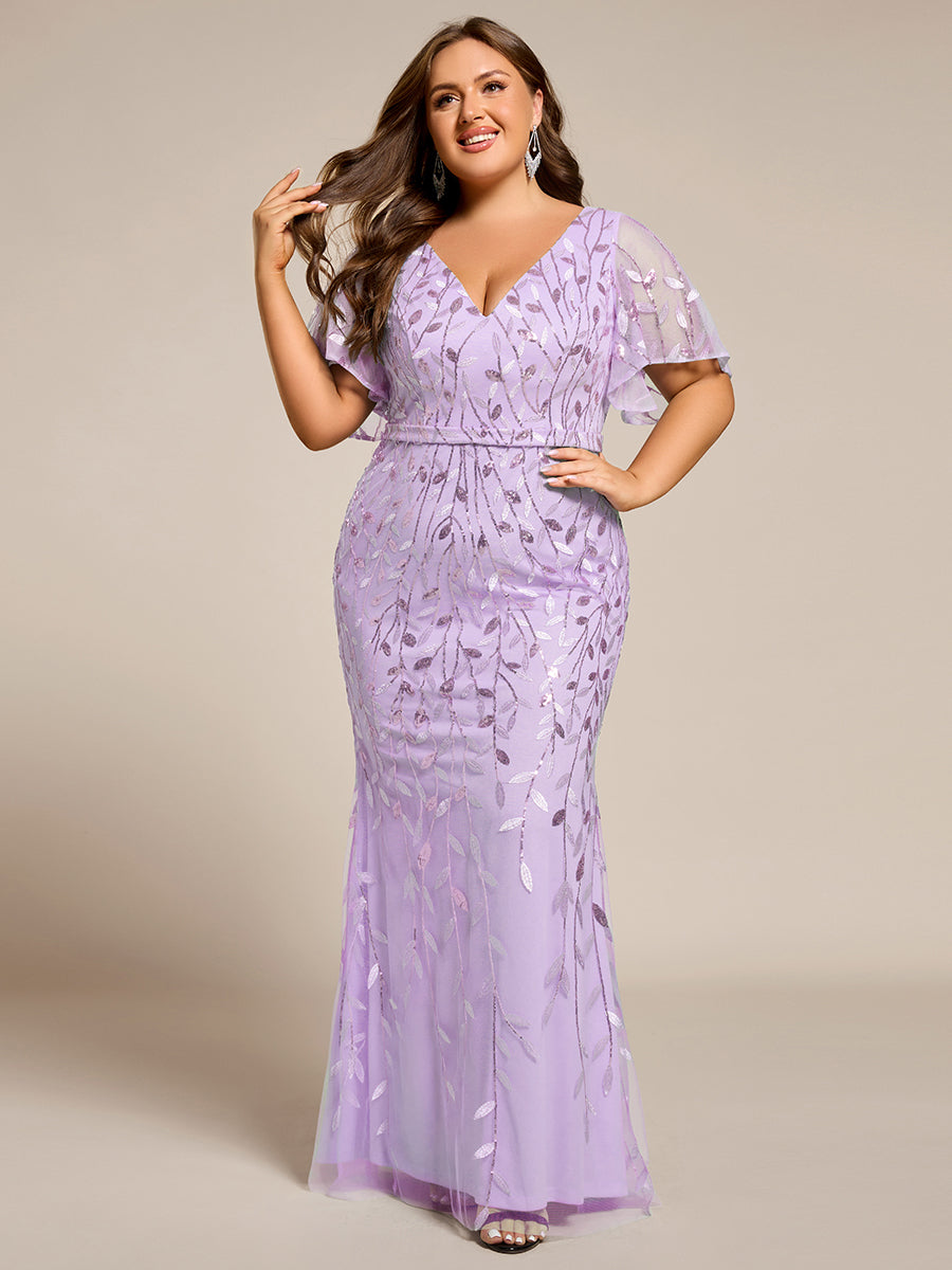 Fashion Plus Size V Neck Mermaid Sequin & Tulle Evening Dress