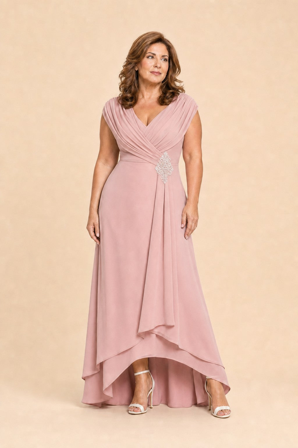 Plus Size Mother of the Chiffon Evening Gown with Cross Pleating and Rhinestone Waist Detail