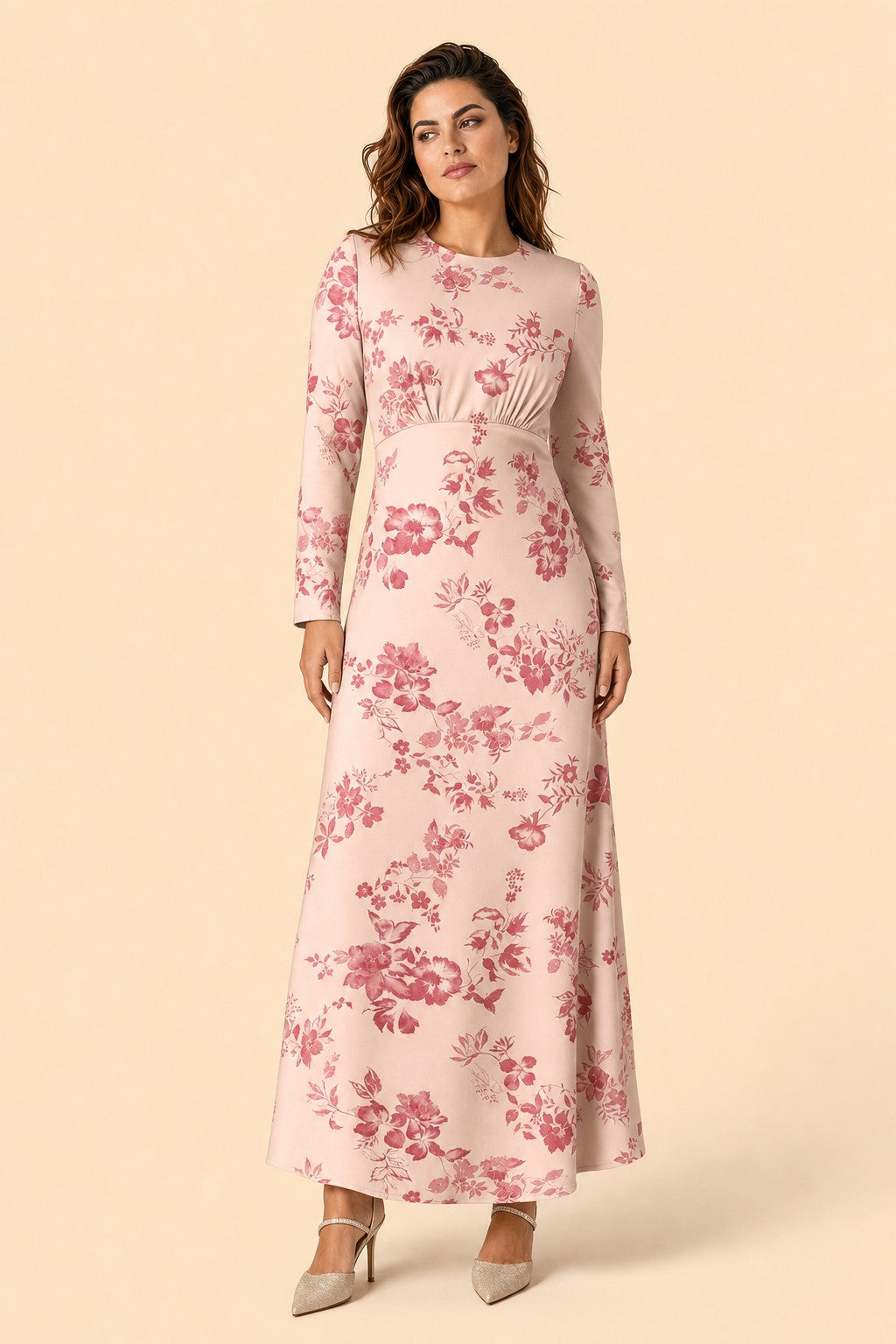 Floral Satin Charmeuse Plus Size Bridesmaid Dress with Elegant Peony Print Bridesmaid Gown Style