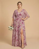 Petaline Romantic Plus Size A-Line Bridesmaid Dress with V-Neck Pleated Chiffon - for Weddings N0301