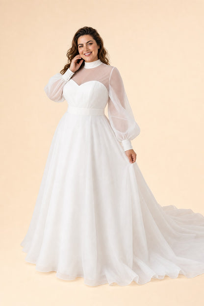 Minimalist Plus Size Wedding Gown with Sheer Long Sleeves