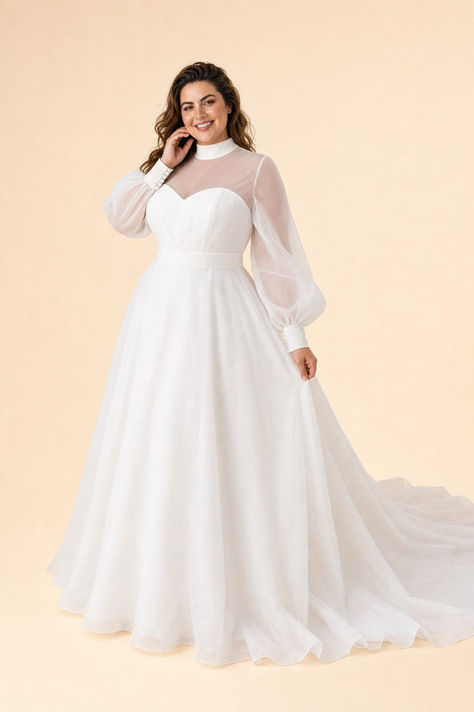 Minimalist Plus Size Wedding Gown with Sheer Long Sleeves