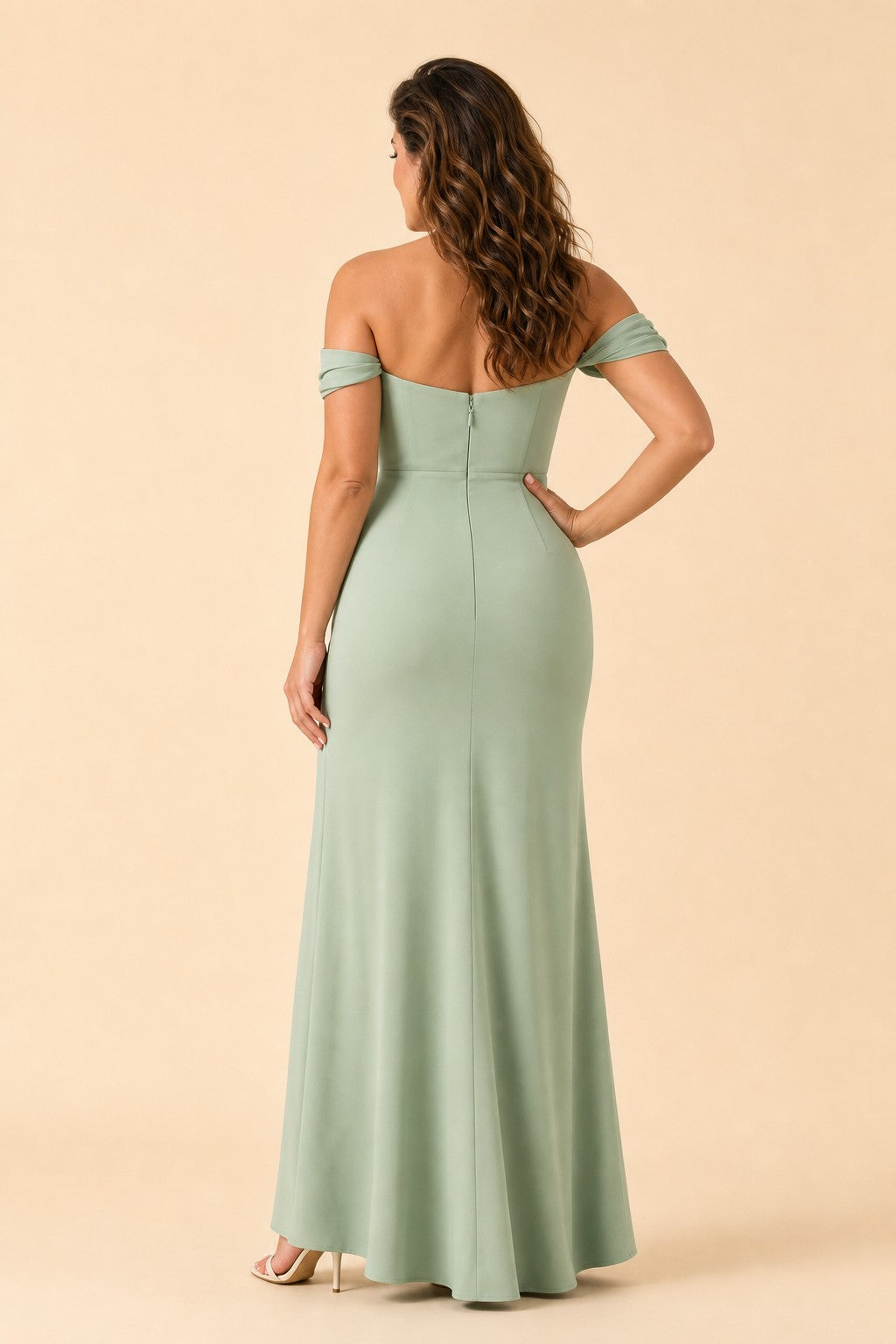 Plus Size Off Shoulder Chiffon Bridesmaid Dress with Pleated Details and Elegant Leg Slit