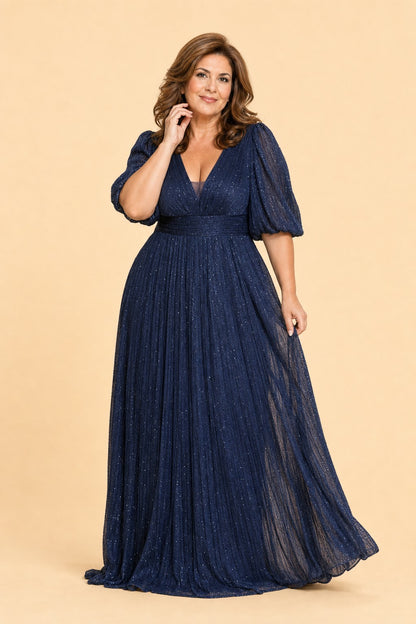 Mesh Pleated Mother Formal Gown High Waist Deep V Neck Wedding Event Evening Gown