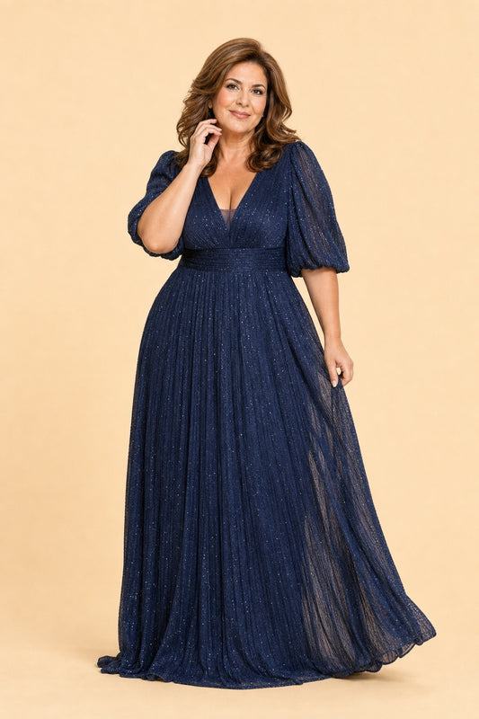 Mesh Pleated Mother Formal Gown High Waist Deep V Neck Wedding Event Evening Gown